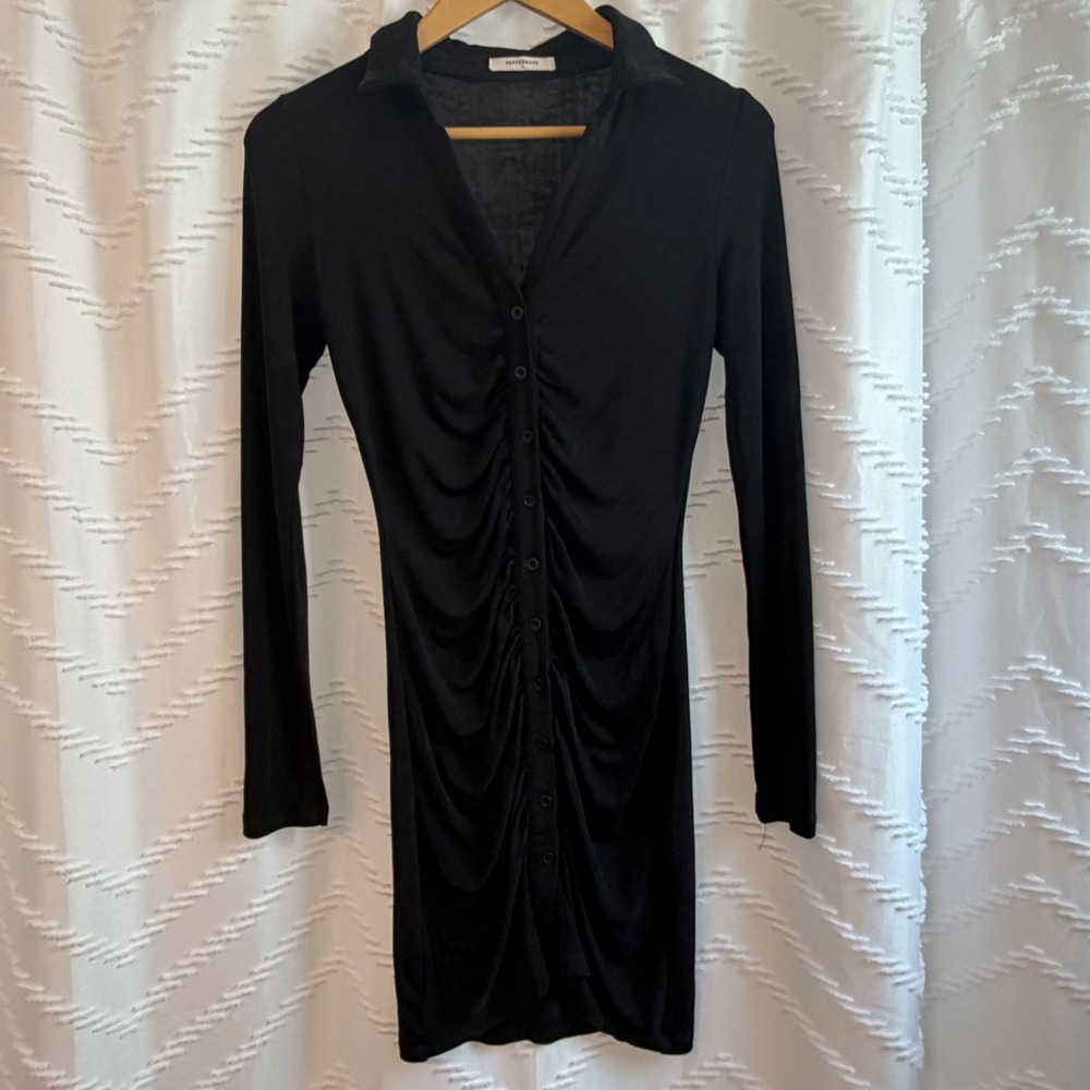Peppermayo Black Ruched Long Sleeve Button Front Mini Dress Small Collared LBD